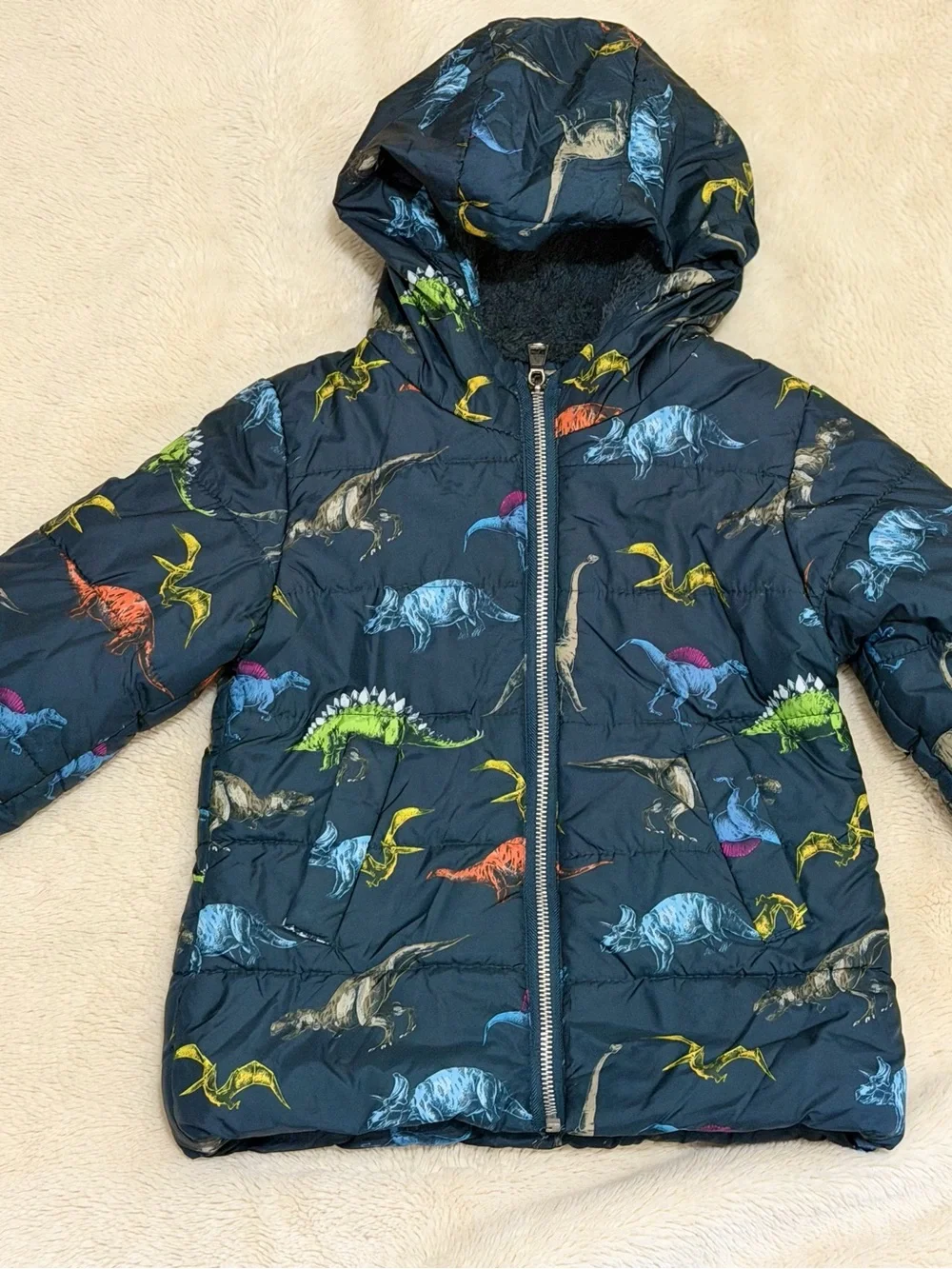 Children's Navy Blue Dinosaur Puffer Jacket with Hood